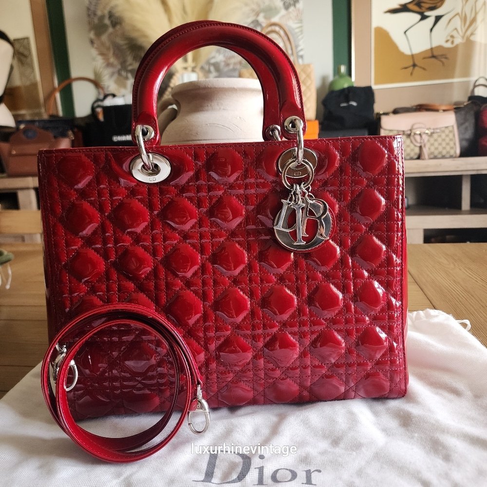 LARGE LADY DIOR CHERRY RED PATENT LEATHER BAG